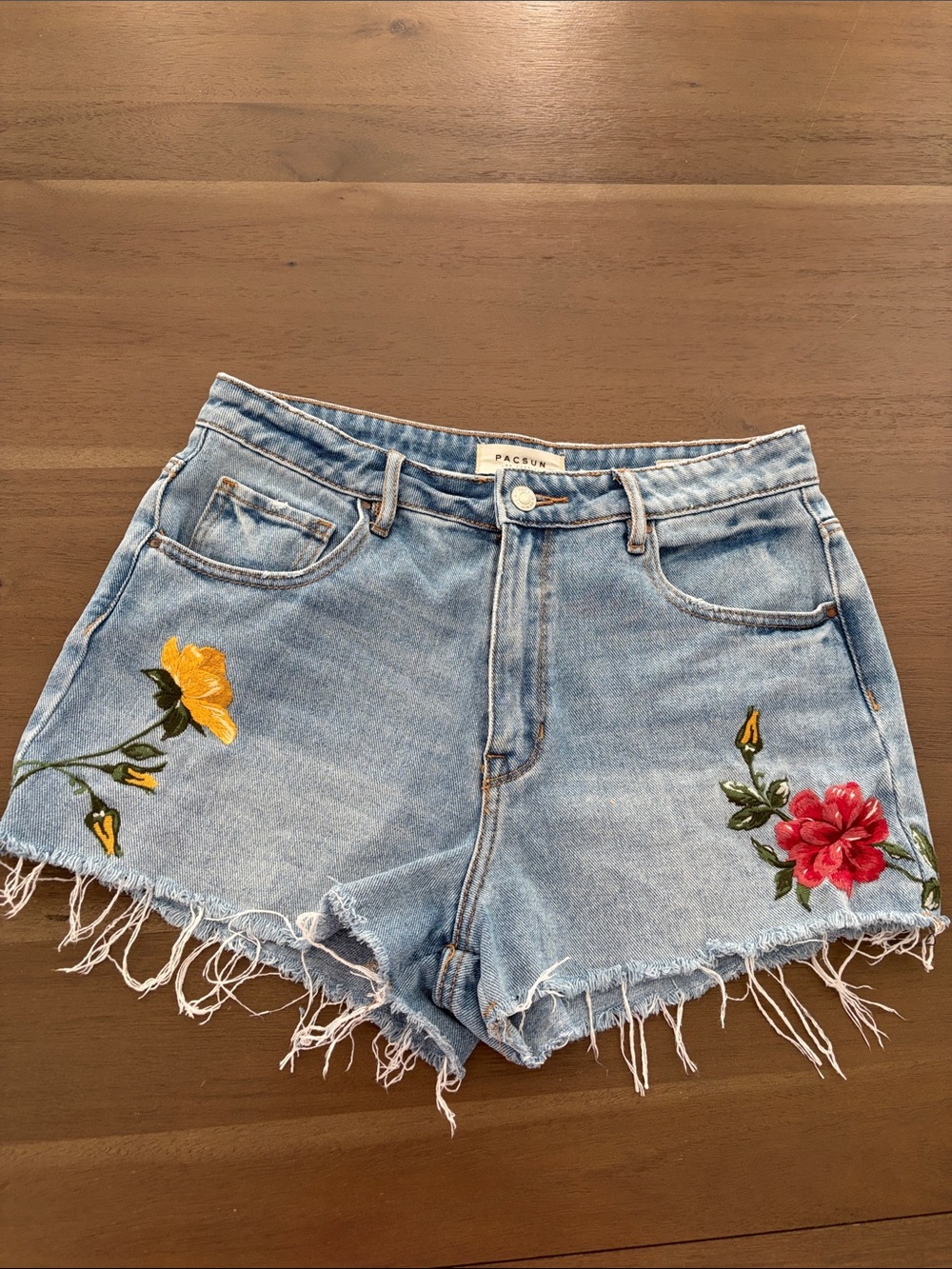 PacSun Light Wash Denim Shorts with Floral Embroidery